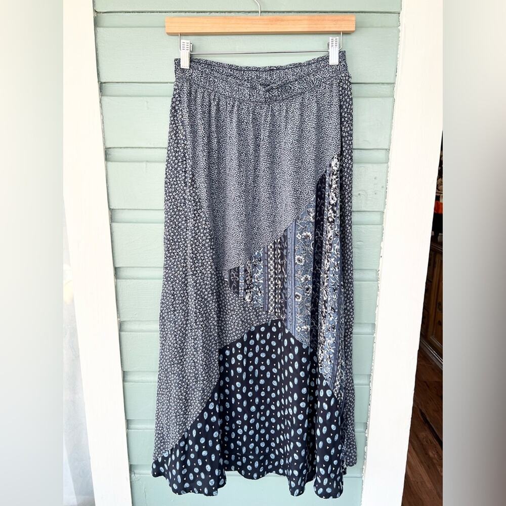Vintage blue patchwork maxi skirt quilted mixed pattern blue boho phoebe buffet